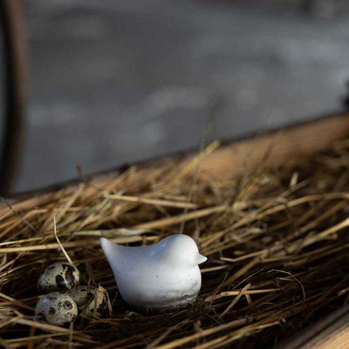 In einer schwach beleuchteten Umgebung zeigt die Storefactory – Ellen Huhn einen kleinen Keramikvogel mit drei gesprenkelten Eiern, der auf Stroh ruht.