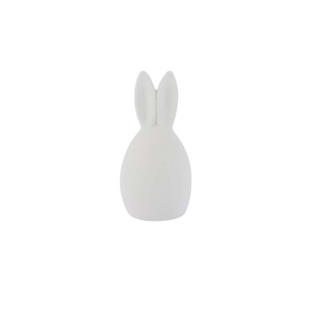 Weiße minimalistische Kaninchenskulptur von Storefactory namens „Hase Emma“, von hinten betrachtet.