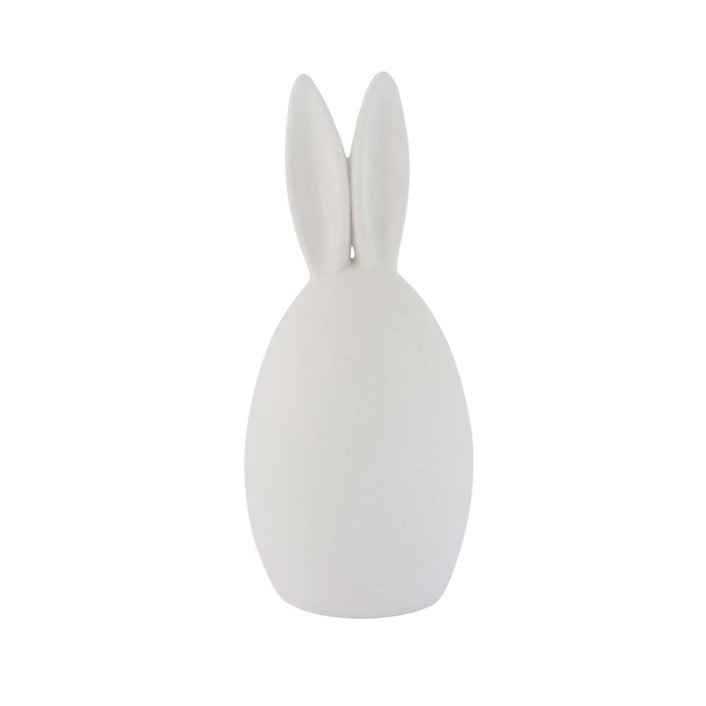 Der Storefactory Hase Emma ist ein weißes, eiförmiges Objekt mit Hasenohren auf der Oberseite vor einem schlichten Hintergrund.