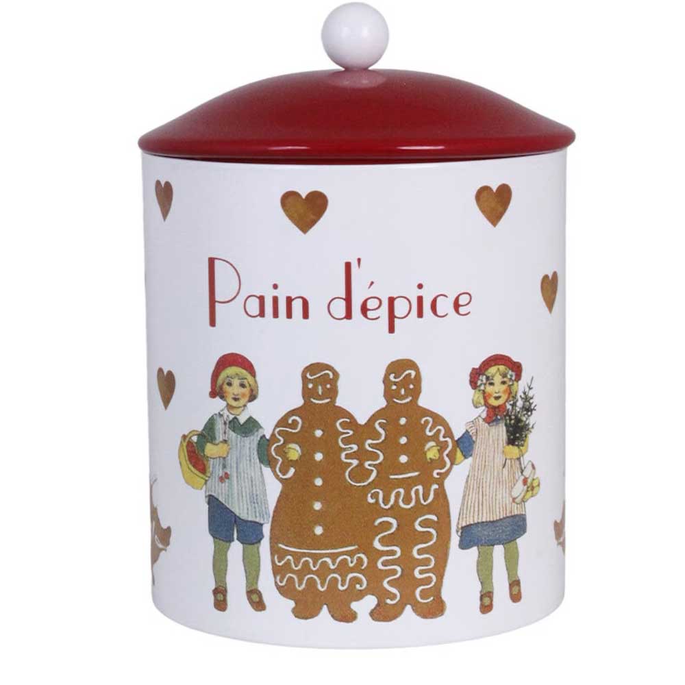 Eine weiße Strömshaga-Vorratsdose mit rotem Deckel, verziert mit Abbildungen von Lebkuchenfiguren, Kindern, Herzen und dem Text „Pain d&