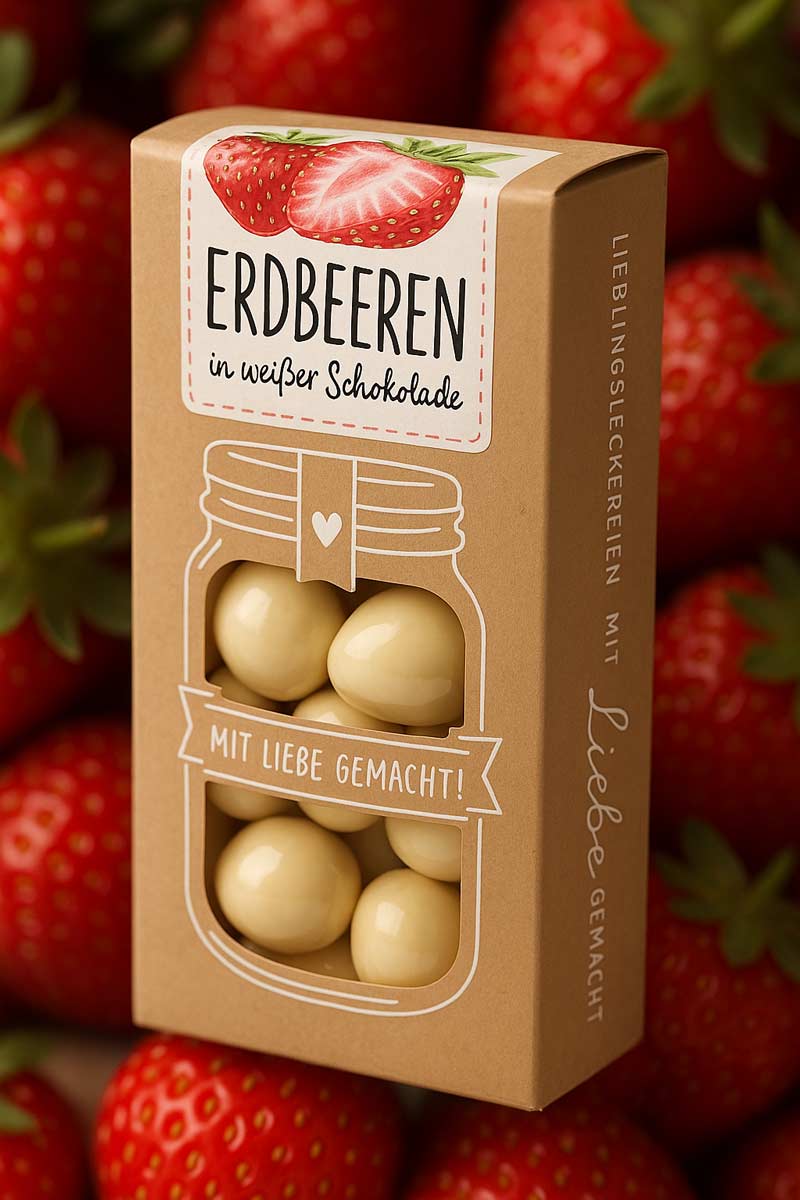 Eine Schachtel „Tee-Maass – Erdbeeren in weißer Schokolade 100 g“ zeigt eine Erdbeerillustration und enthält mit weißer Schokolade überzogene Erdbeeren, umgeben von frischen Erdbeeren.