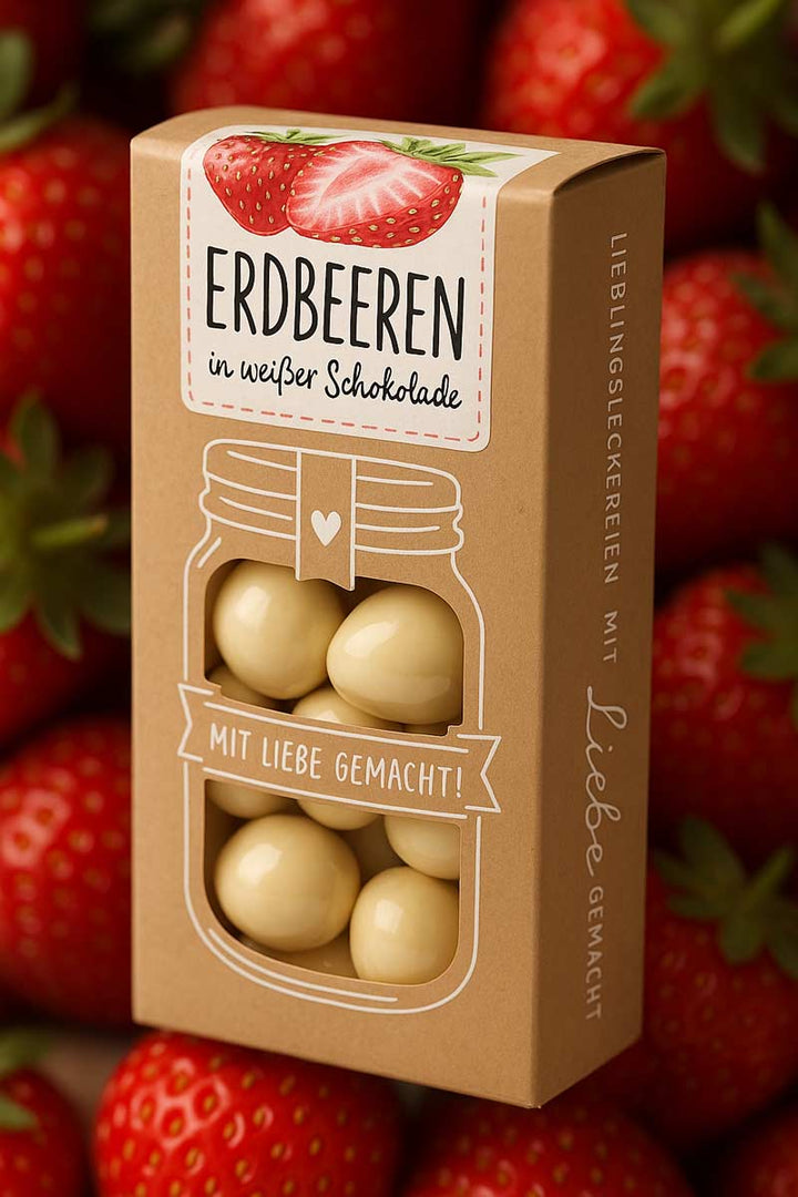 Eine Schachtel „Tee-Maass – Erdbeeren in weißer Schokolade 100 g“ zeigt eine Erdbeerillustration und enthält mit weißer Schokolade überzogene Erdbeeren, umgeben von frischen Erdbeeren.