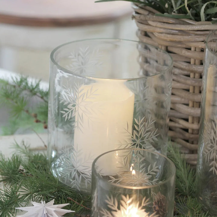 VL Home – Glaslicht mit Schneeflocken – Windlicht aus Glas