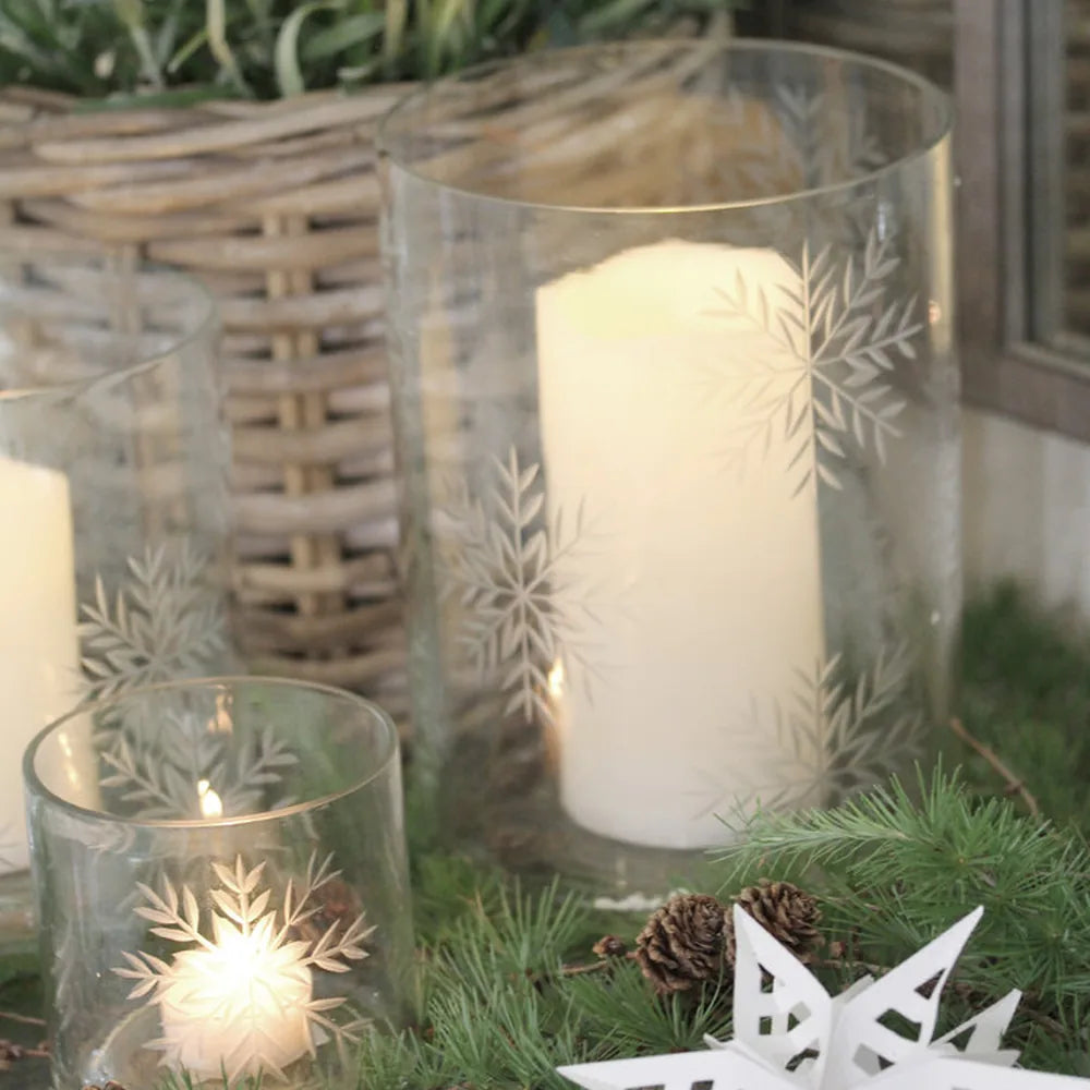 VL Home – Glaslicht mit Schneeflocken – Windlicht aus Glas