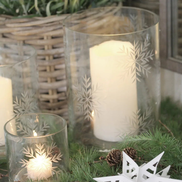 VL Home – Glaslicht mit Schneeflocken – Windlicht aus Glas