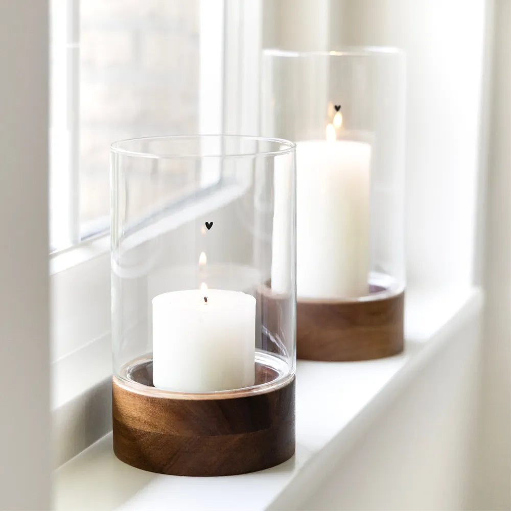 Bastion Collections - Windlicht Glas mit Holzsockel und Herz groß