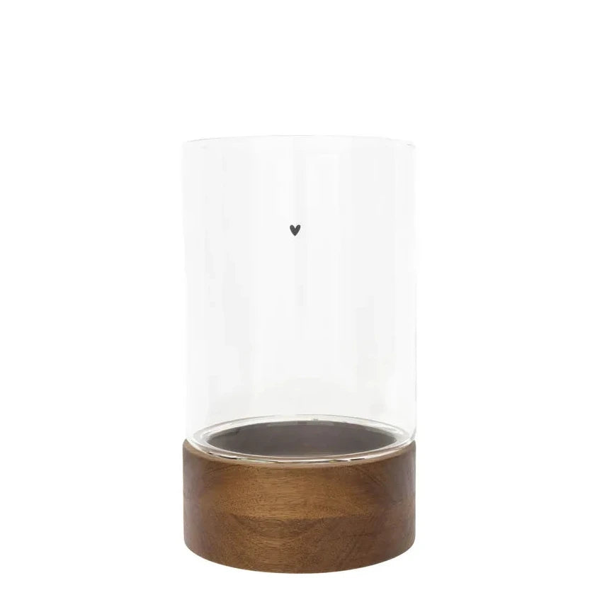 Bastion Collections - Windlicht Glas mit Holzsockel und Herz mittel