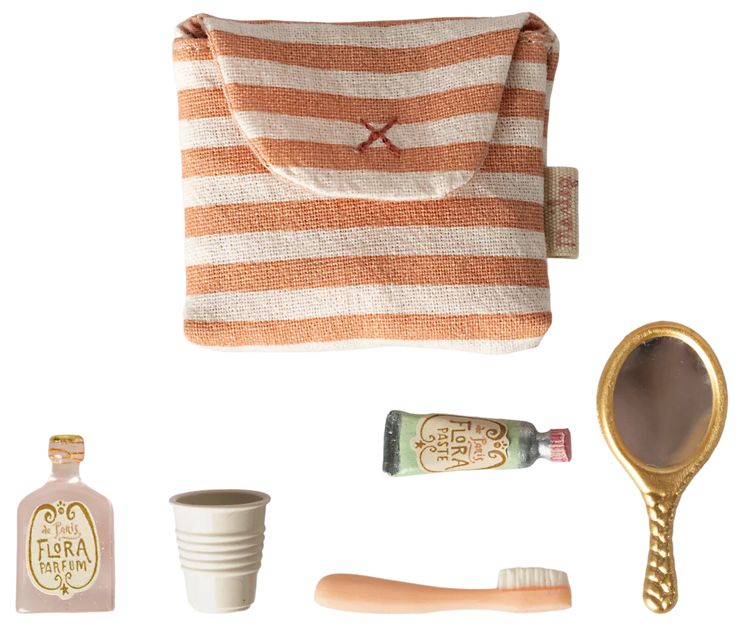 Maileg - Zahnbürsten-Set in Tasche, Maus - Koralle gestreift