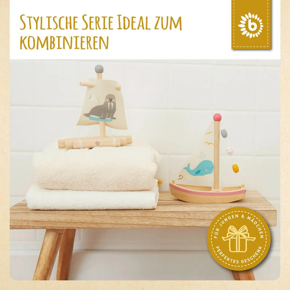 Bieco Spielwaren Holzsegelschiff mit Walmotiv FSC®
