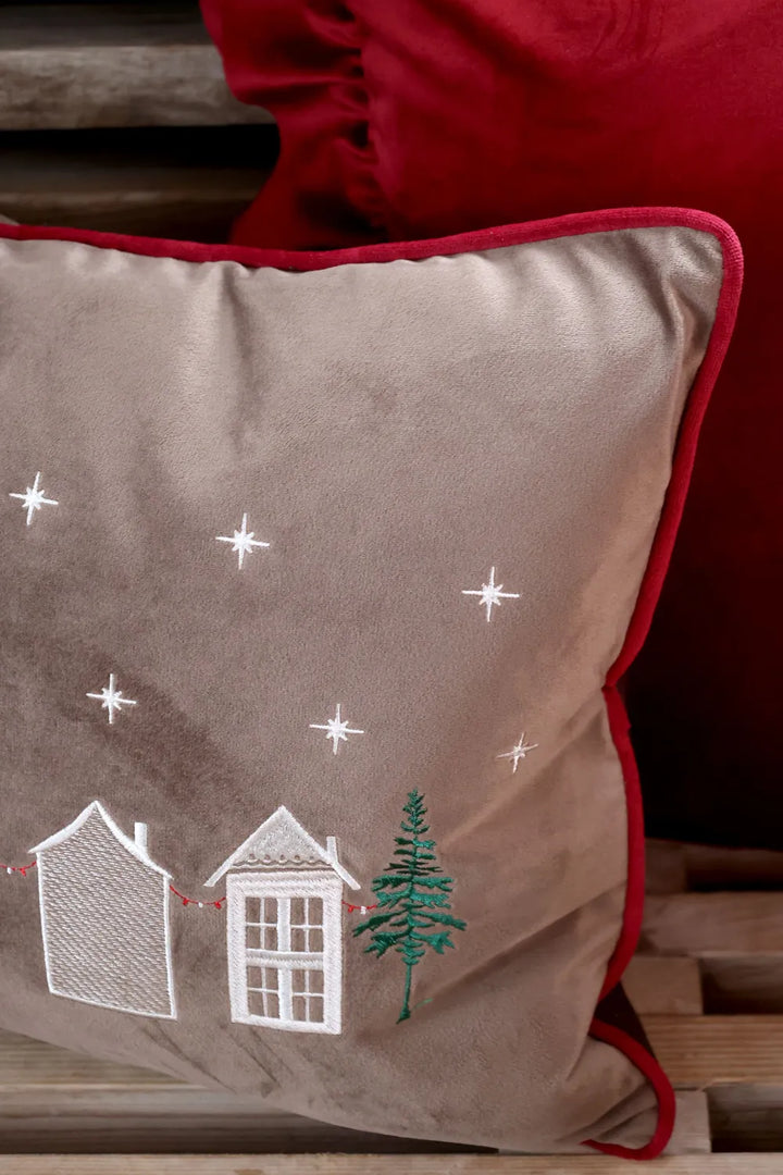 Chic Antique Kissenbezug Aix Häuser Stickerei Mokka