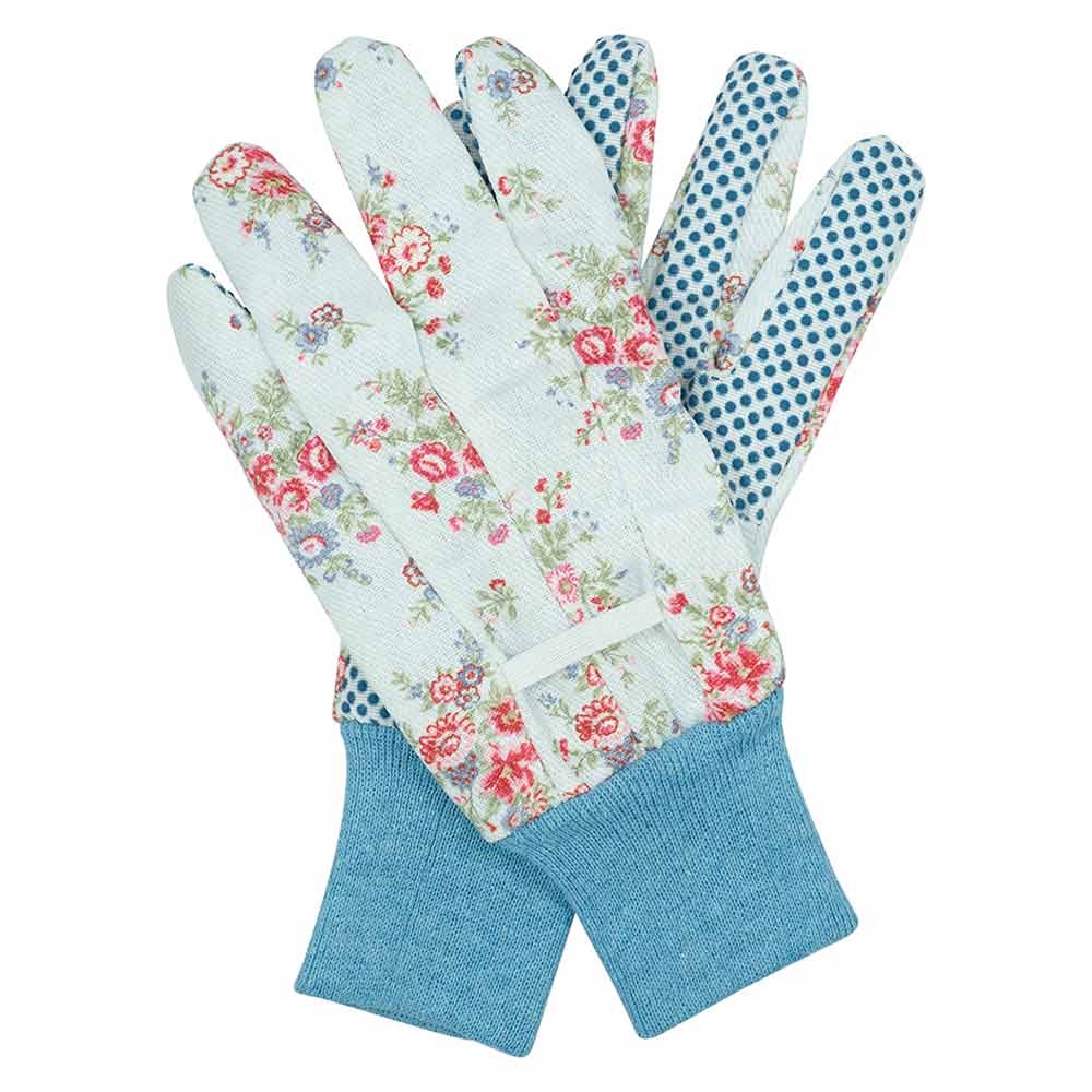 Ein Paar GreenGate - Ailis Gartenhandschuhe in Hellblau mit blauen Griffpunkten an den Handflächen und Fingern.