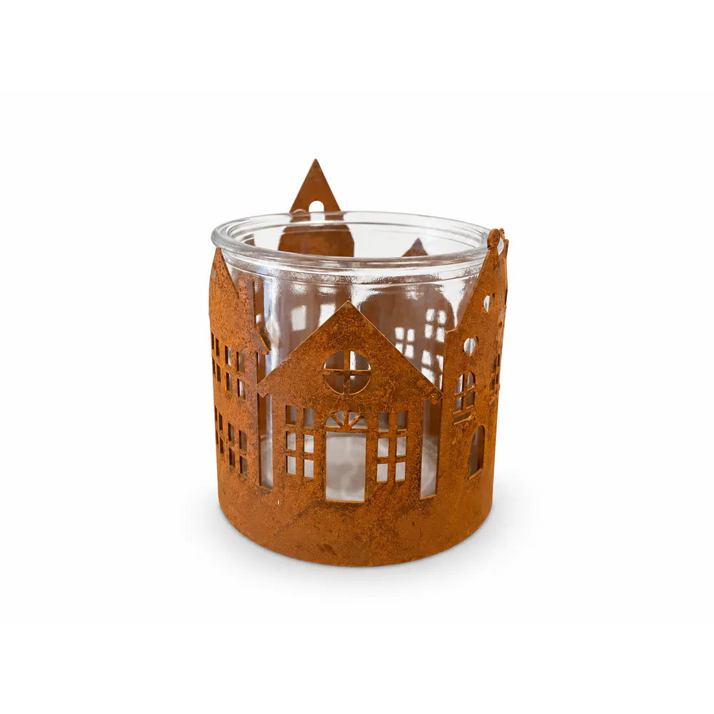 Alsaba Home - Windlicht Glaseinsatz Häusermotiv Rostoptik 10 cm