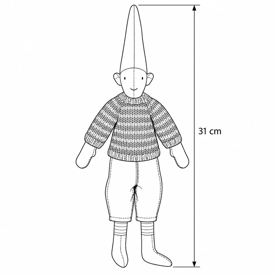 Maileg - Wichtel Pixy Finn Größe 2 gestreifter Pullover – Maßskizze, Höhe 31 cm 