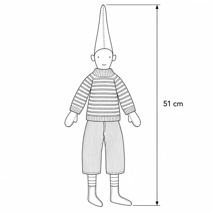 Maileg - Wichtel Pixy Viggo Größe 3 Gestreifter Strickpullover – Maßskizze, Höhe 51 cm 