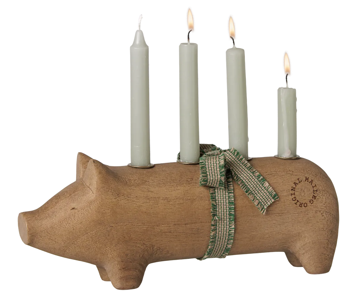 Maileg - Kerzenhalter aus Holz, Schwein, Advent mittel - Natur
