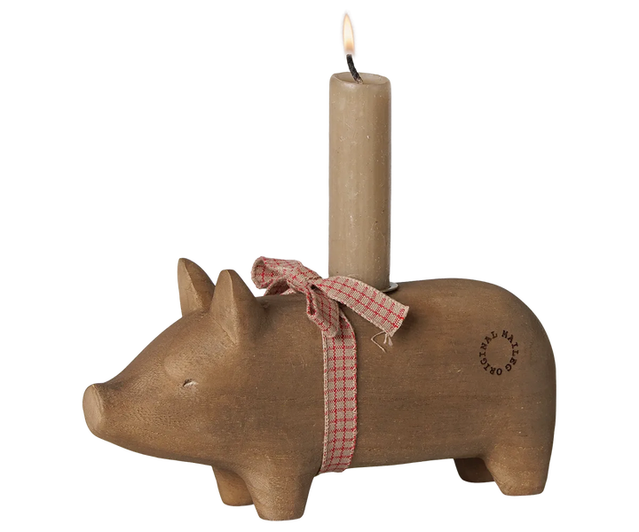 Maileg - Kerzenhalter aus Holz, Schwein, Mittel - Natur