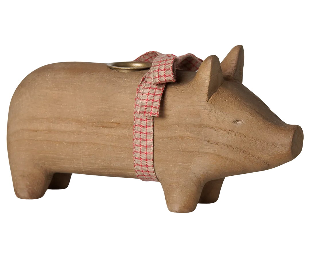 Maileg - Kerzenhalter aus Holz, Schwein, Mittel - Natur