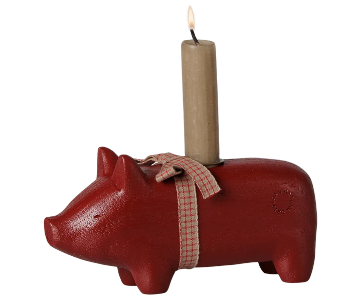 Maileg - Kerzenhalter aus Holz, Schwein, Medium - Rot