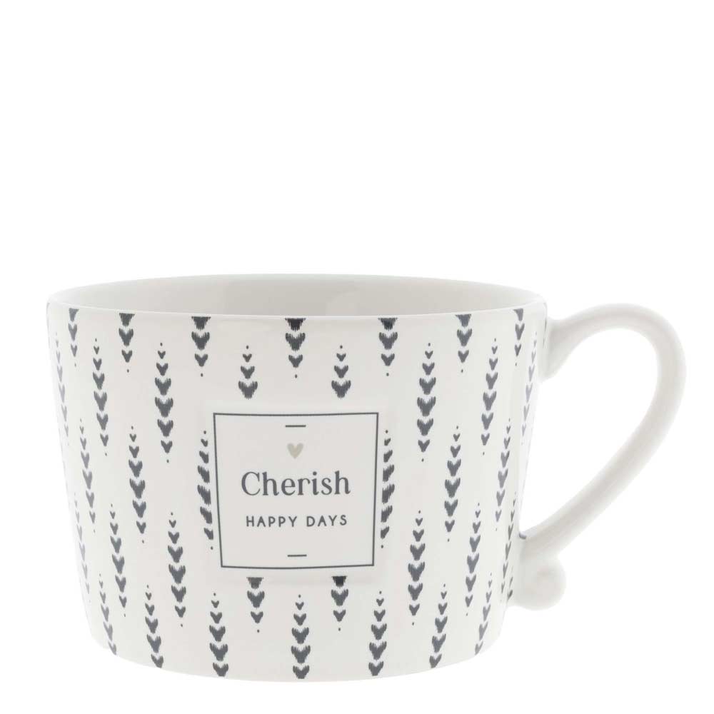 A Bastion Collections - Tasse Cherish Happy Days mit schwarz-weißem Design.