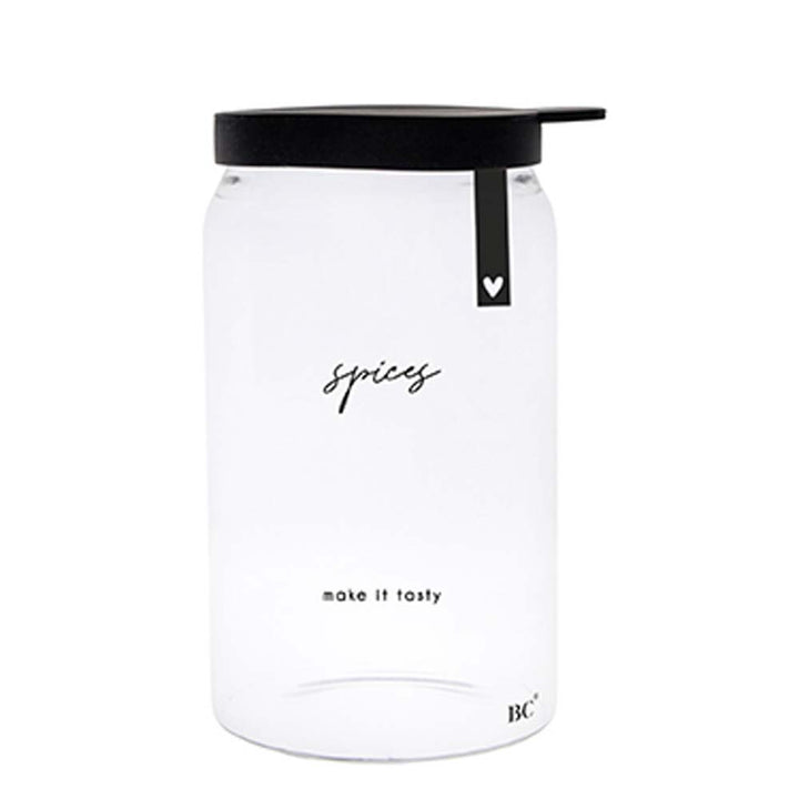Ein klares Glas mit der Aufschrift Bastion Collections – Vorratsglas Small Spices Make it Tasty darauf.