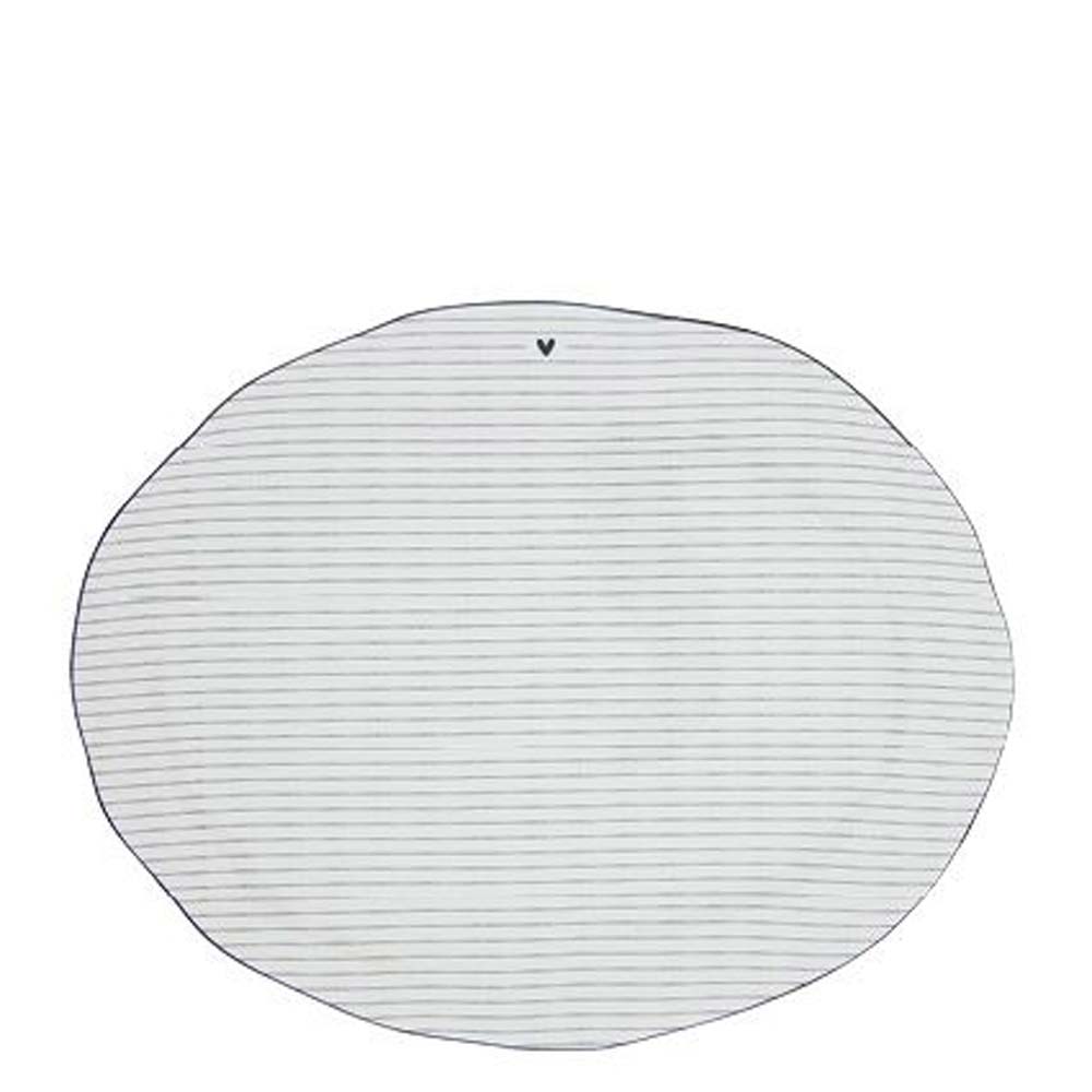 Eine weiße ovale Bastion Collections – Servierplatte Streifen schwarzer Rand mit einem schwarzen Streifen darauf.