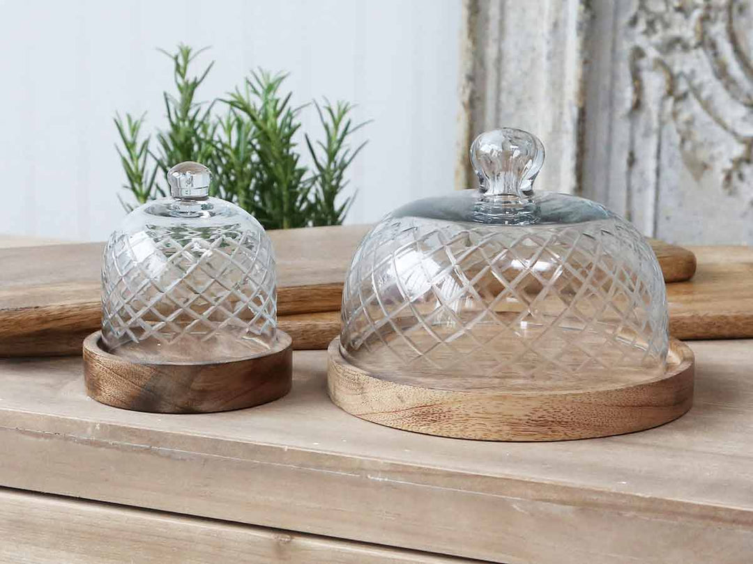 Chic Antique - Glasglocke klein mit Platte aus Mangoholz