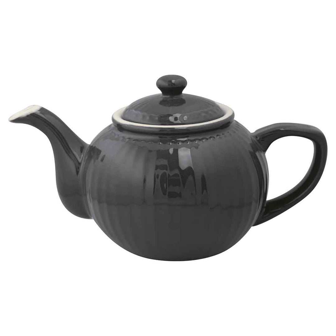 Eine glänzende dunkelgraue GreenGate - Alice Teekanne mit Deckel, einem glatten, abgerundeten Design und einem markanten Ausguss.