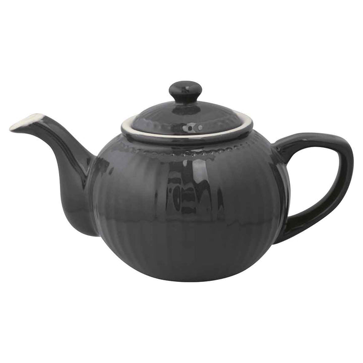 Eine glänzende dunkelgraue GreenGate - Alice Teekanne mit Deckel, einem glatten, abgerundeten Design und einem markanten Ausguss.
