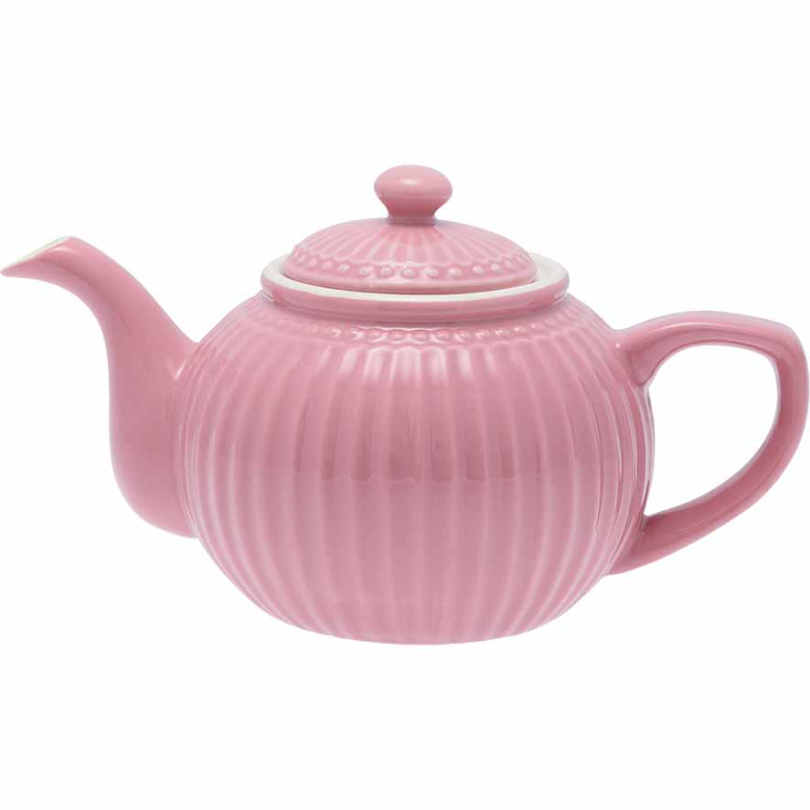 Eine rosa GreenGate - Alice Teekanne mit geripptem Design und abgerundetem Deckel.