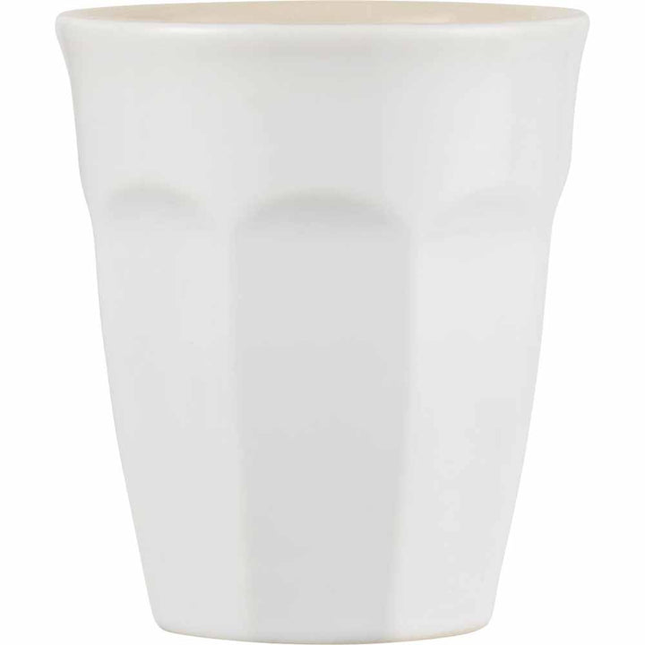 Ein schlichter weißer Blumentopf aus Keramik mit konischem Design und glatter Oberfläche. Ib Laursen - Cafe Latte Becher Mynte.
