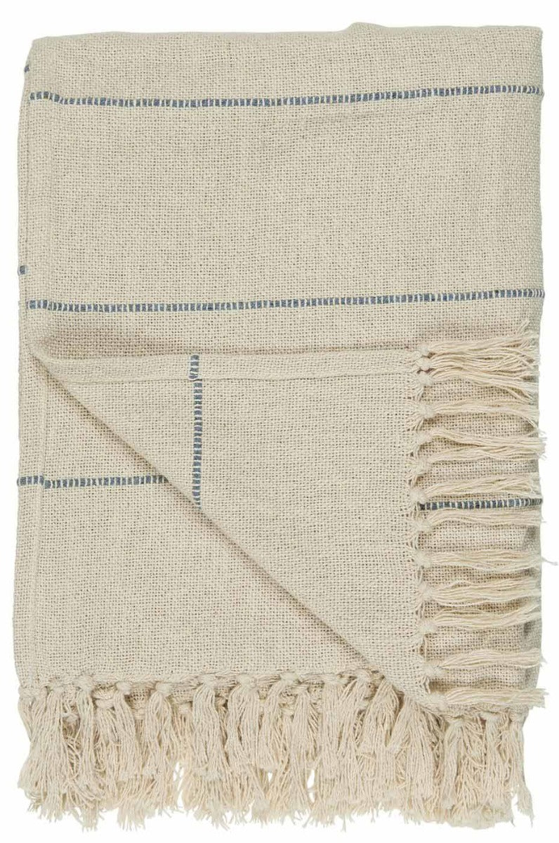 Ib Laursen - Plaid Baumwolldecke creme mit blauen Streifen