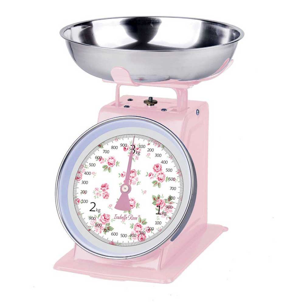 Eine rosa Isabelle Rose - Küchenwaage Retro mit floralem Muster auf dem Zifferblatt.