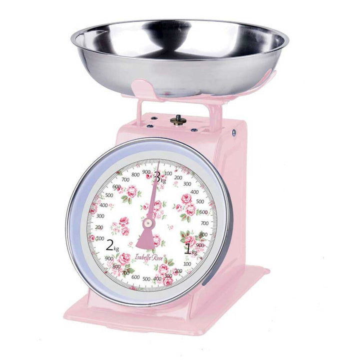 Eine rosa Isabelle Rose - Küchenwaage Retro mit floralem Muster auf dem Zifferblatt.