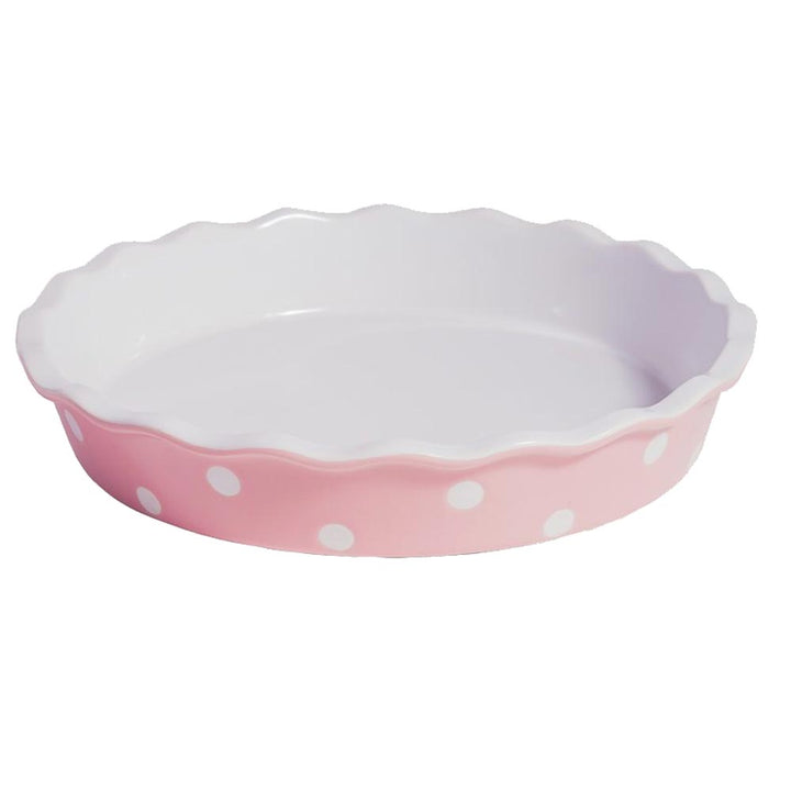 Eine rosa-weiße Isabelle Rose – Tarteform mit Punkten mit gewelltem Rand und weißen Tupfen auf der Außenseite.