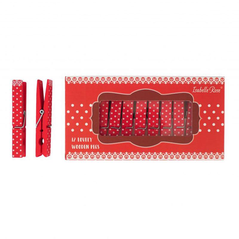 Ein rot-weiß gepunktetes Isabelle Rose - Wäscheklammern Holz 12er-Set.