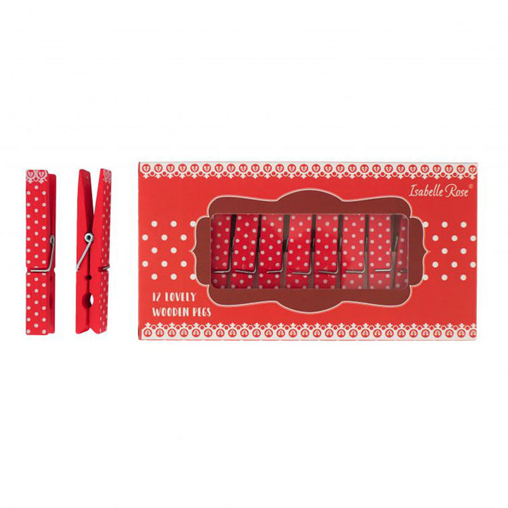 Ein rot-weiß gepunktetes Isabelle Rose - Wäscheklammern Holz 12er-Set.