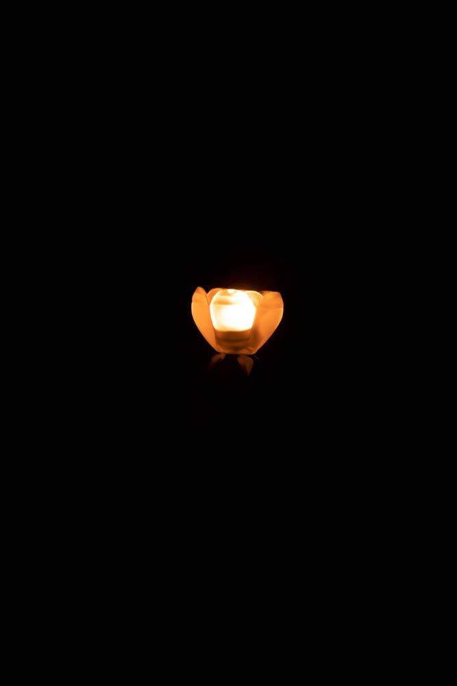 Ein einzelnes J-Line - Windlicht Blume auf Fuß Large in einem dunklen Raum, das vor einem schwarzen Hintergrund ein schwaches, warmes Licht abgibt.