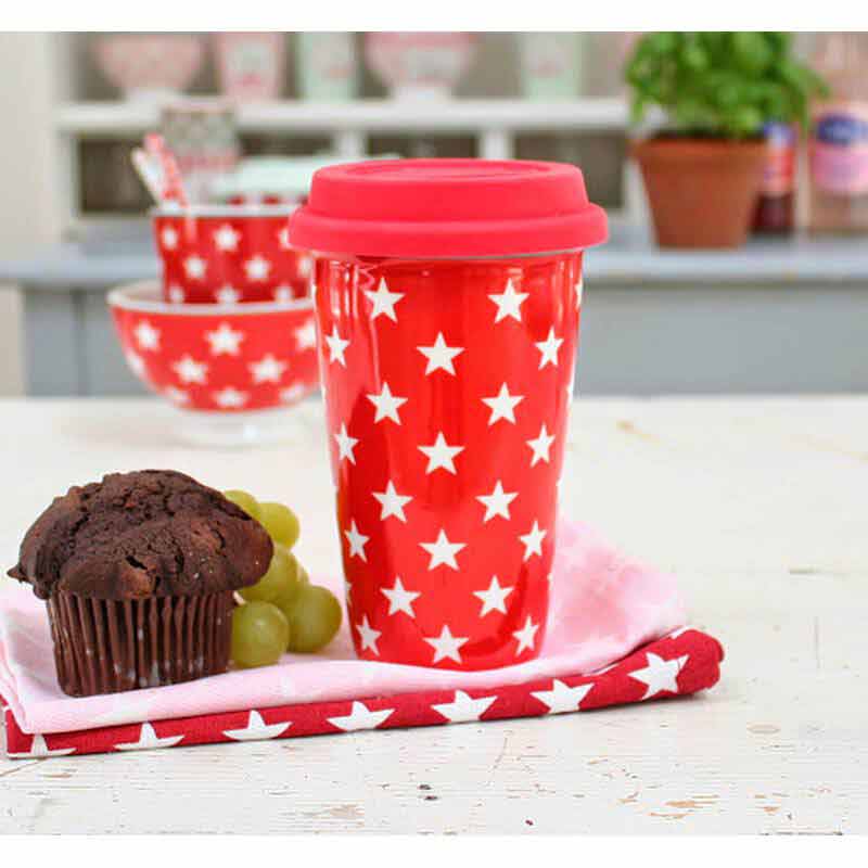 Krasilnikoff - Becher Coffee to go in Rot mit Sternen (Travel Mug)