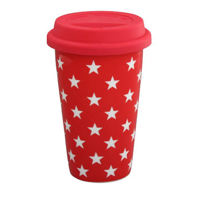 Krasilnikoff - Becher Coffee to go in Rot mit Sternen (Travel Mug)