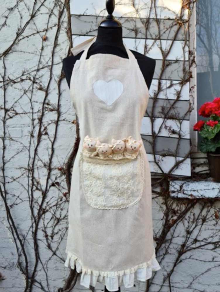 La Galleria - Küchenschürze mit Katzen in Tasche beige mit Spitze