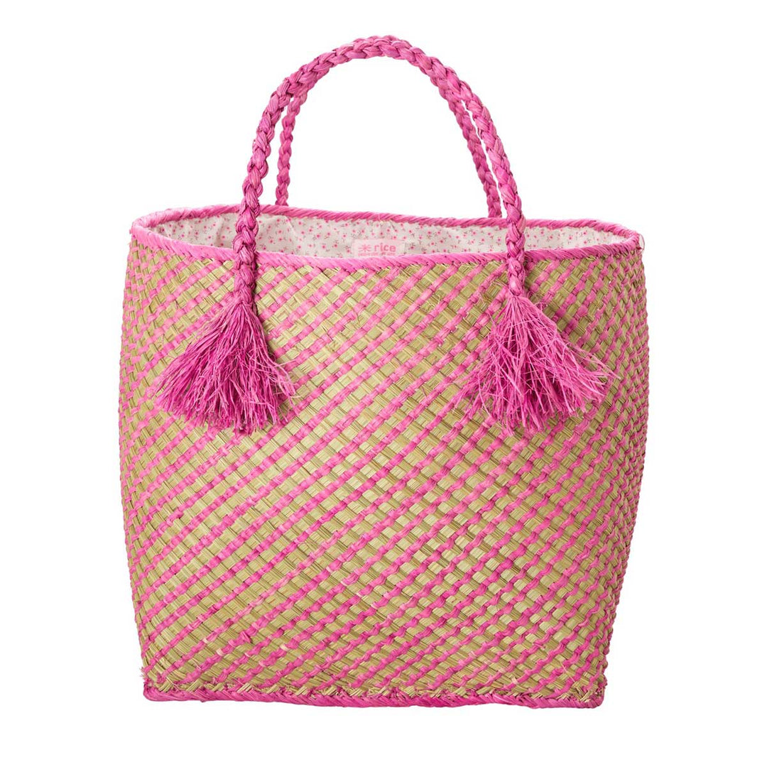 Rice - Korbtasche Raffiabast pink mit Innenfutter Blume Large