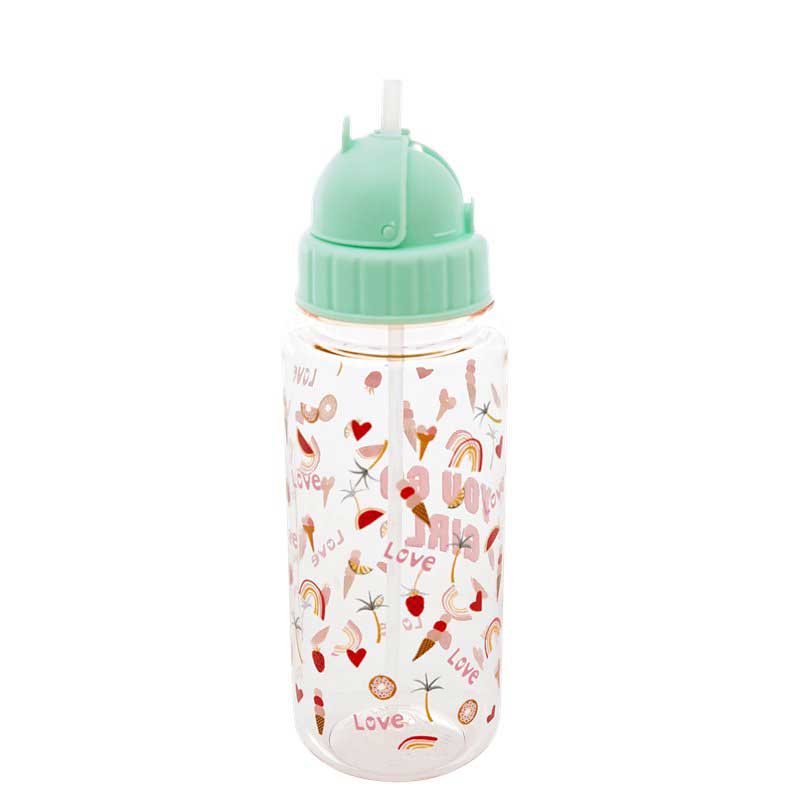 Transparente Babyflasche mit grünem Deckel, verziert mit bunten Motiven aus Herzen, Schleifen und dem Wort „Love“. - Rice - Trinkflasche You Go Girl 500 ml mit grünem Deckel, verziert mit bunten Motiven aus Herzen, Schleifen und dem Wort „Love“.