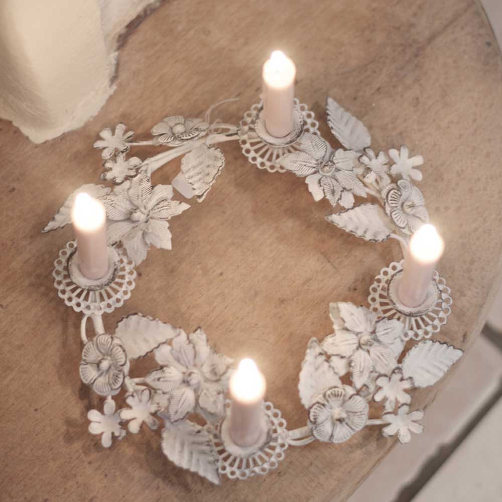 VL Home - Adventskranz Shabby Chic mit Blüten und Blättern für Tannenbaumkerzen 21 cm
