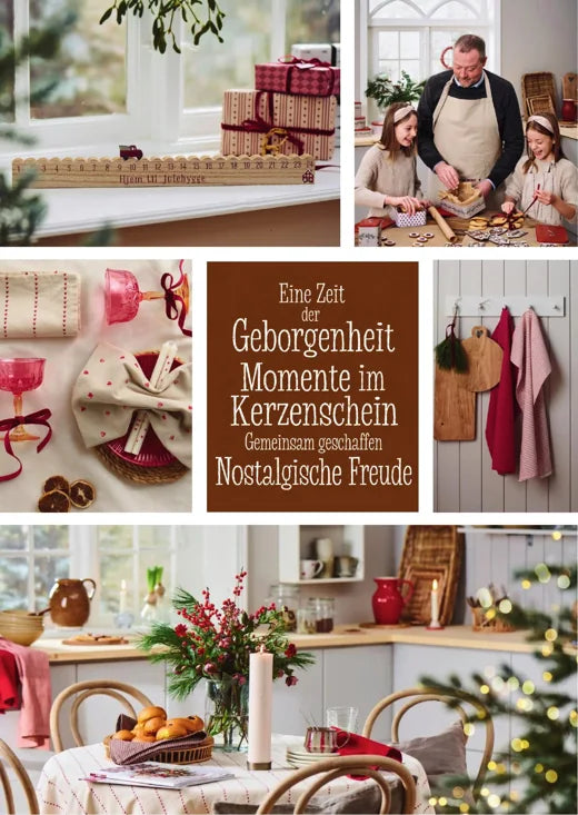 Katalogseite mit Kerzenlicht, Weihnachtsgebäck und gemütlich gedecktem Tisch